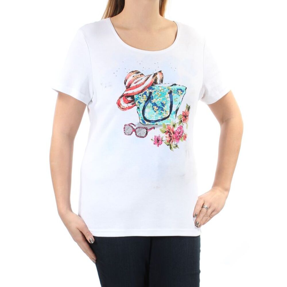 NWT KAREN SCOTT Womens White Rhinestone Short Sleeve Scoop Neck T-Shirt Size: L